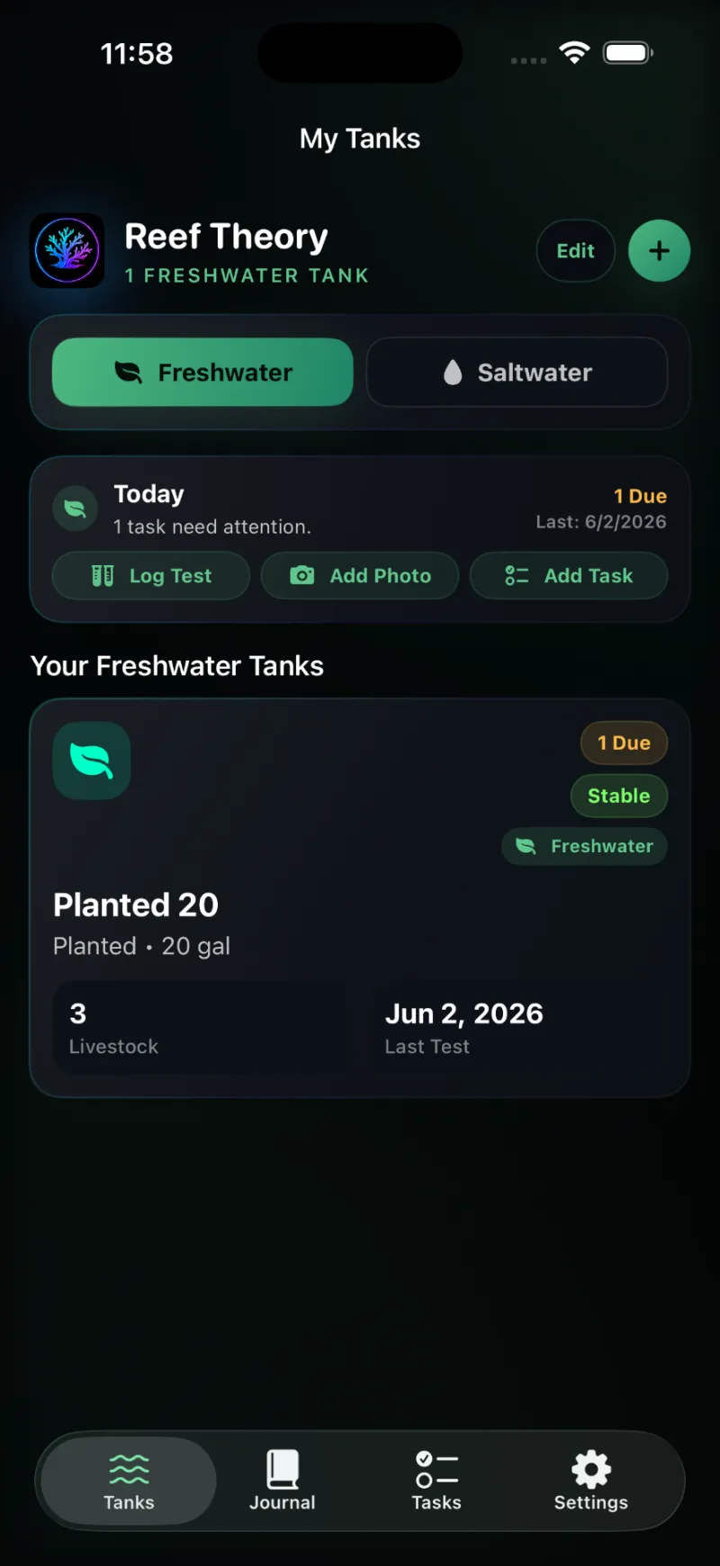 Reef Theory planted tank dashboard