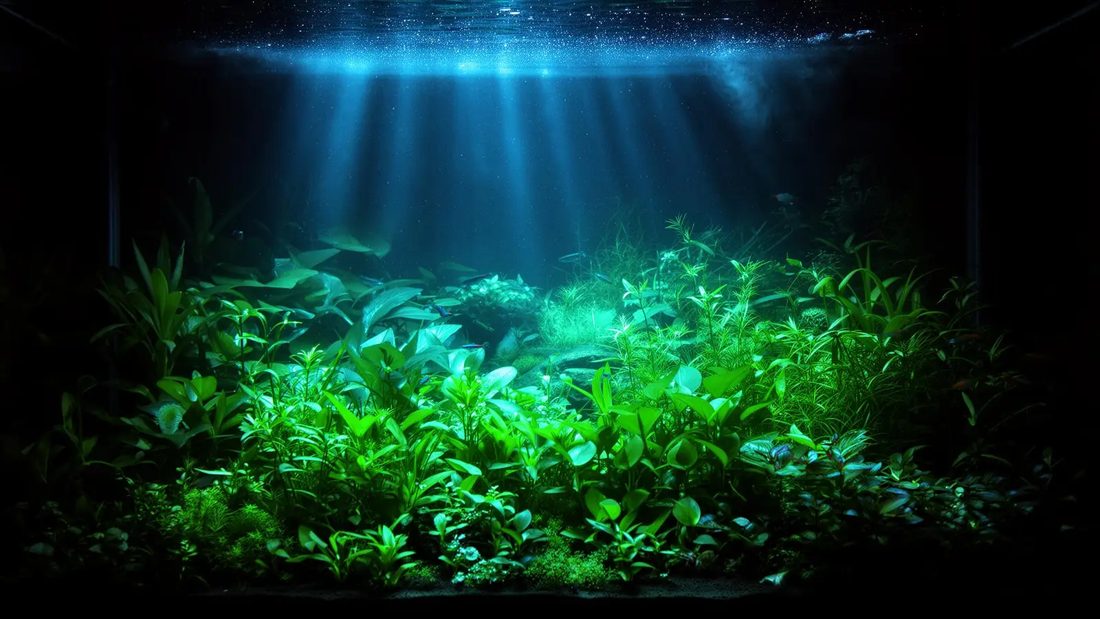 Lush planted freshwater aquarium with carpet and stem plants